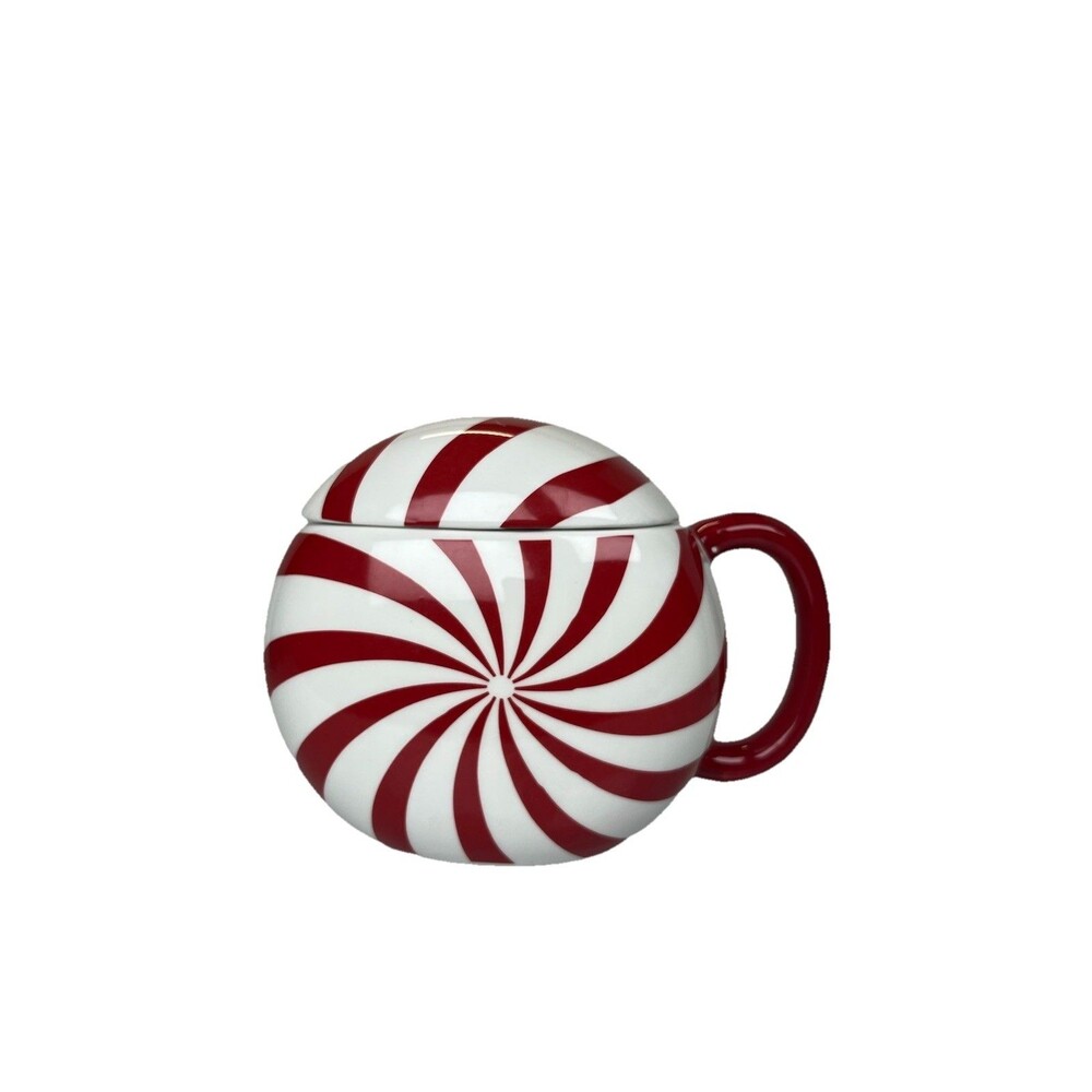 Festive Peppermint Swirl Candy Mug Red White Oversized Mug Lid Christmas Holiday